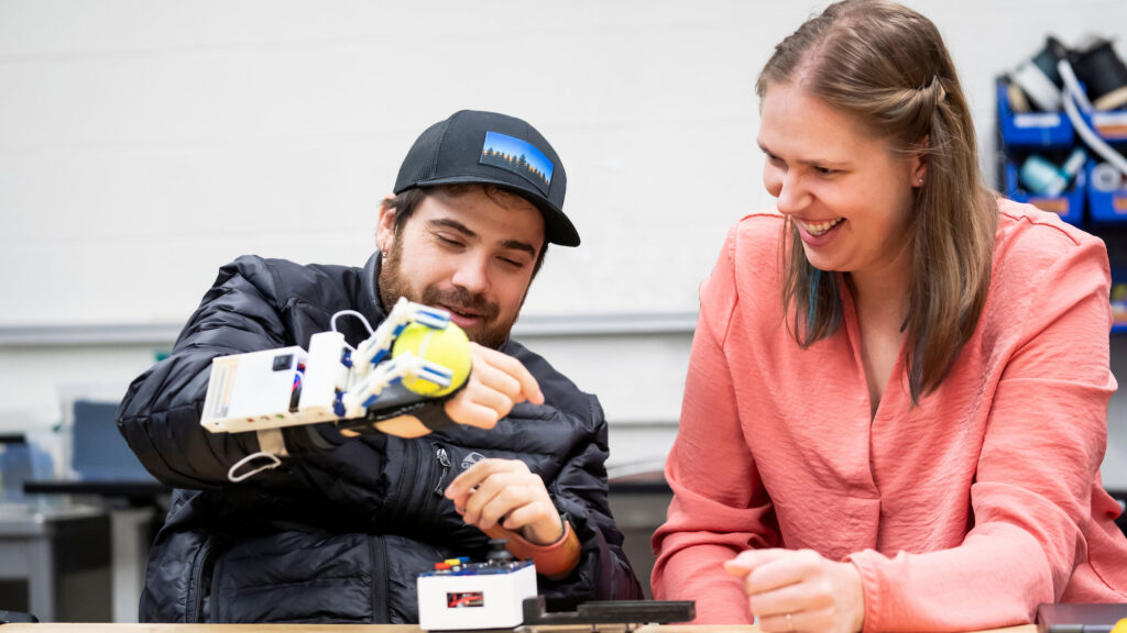 Drew McPherson and Hannah Stuart demonstrate the newest version of the Dorsal Grasper in the Embodied Dexterity Group’s lab at UC Berkeley.