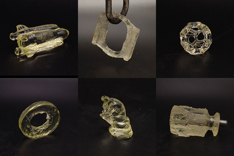 A collage of images shows a series of small, translucent objects that have been created with a light-based 3D printer