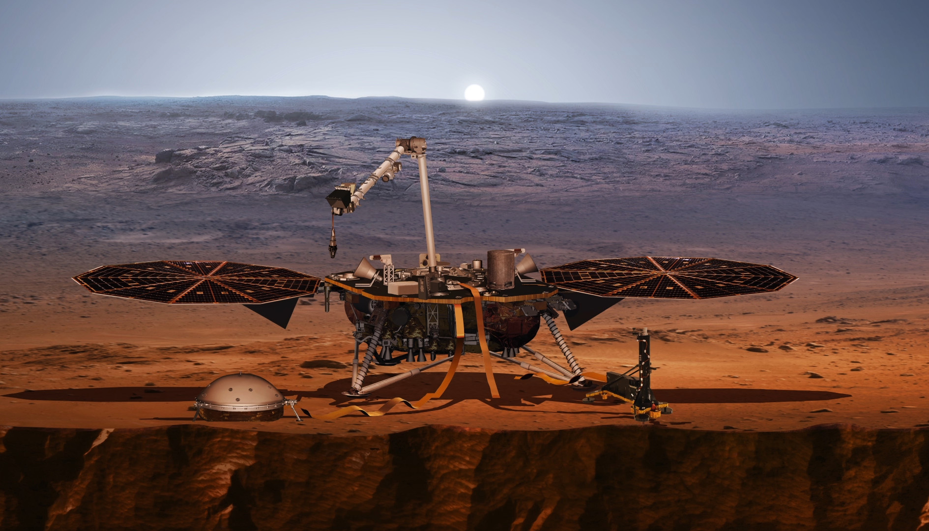 a fly-like lander sitting on red dirt with the sun rising behind it