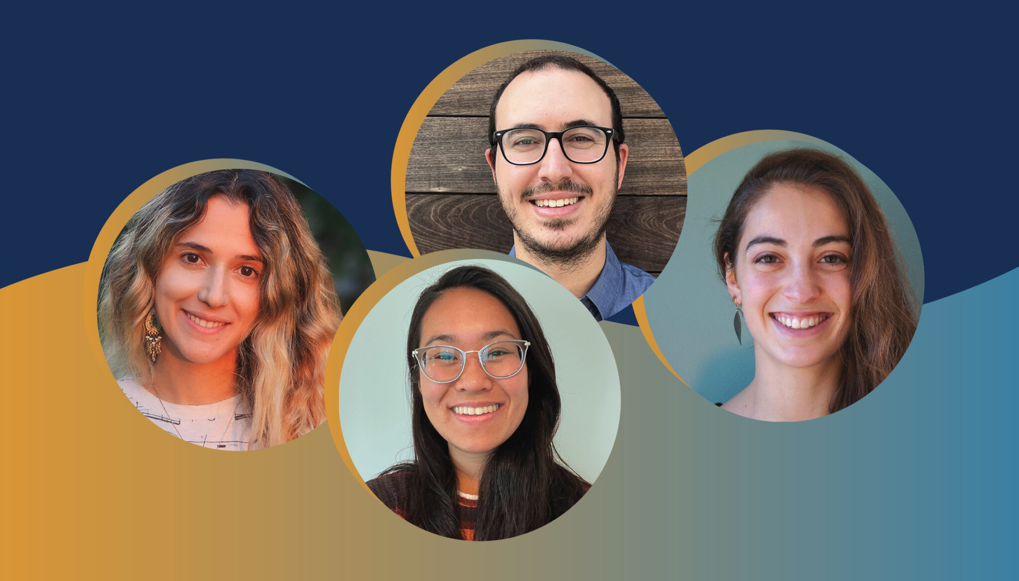 cutout headshots of four people against a blue and gold background