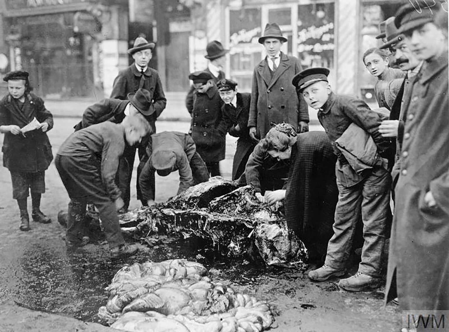 In a black and white photo, German women and young people strip the flesh from a dead horse in Berlin, circa 1918.