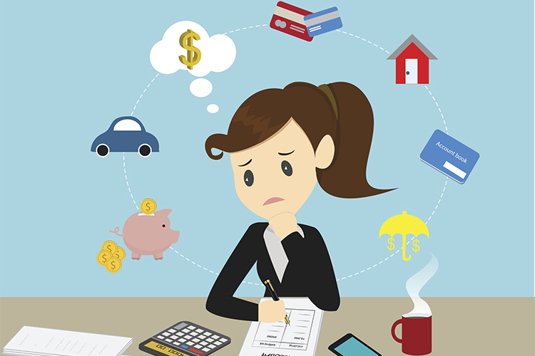 Graphic of a woman sitting at a desk with pen and paper worrying about money
