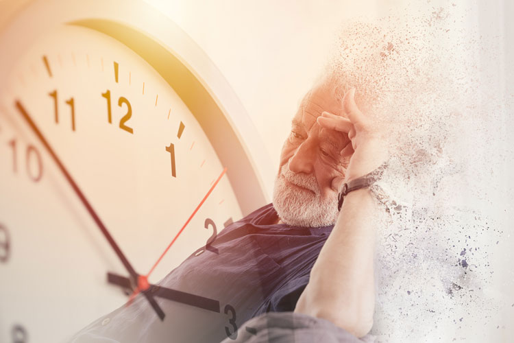  a stock image of an old man with Alzheimer's next to giant clock.