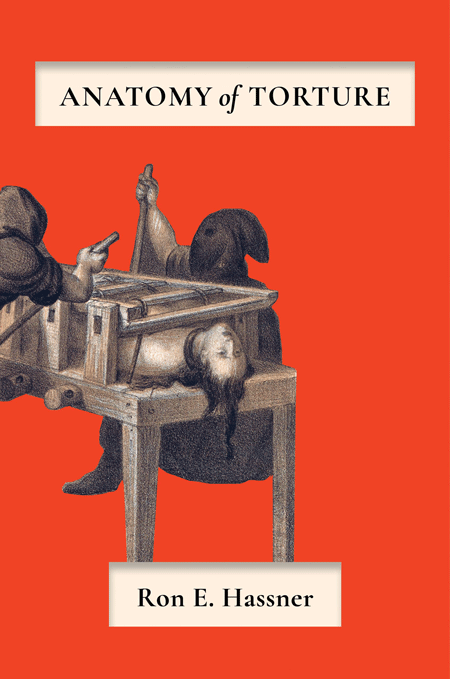 book cover for "Anatomy of Torture," featuring detail fro a 19th century lithograph of a woman being tortured, set a against a fire-red background