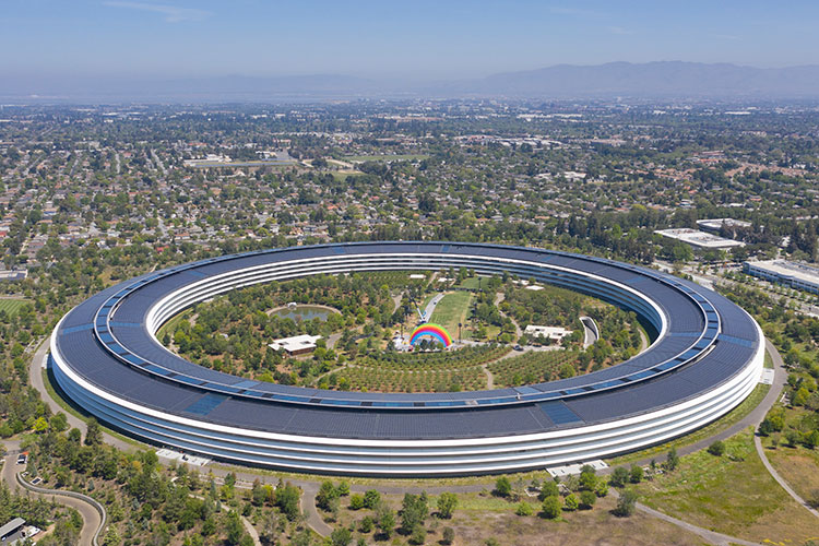 The futuristic round ring of Apple headquarters in Silicon Valley