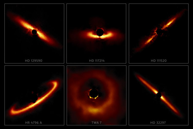 collage of six debris disks