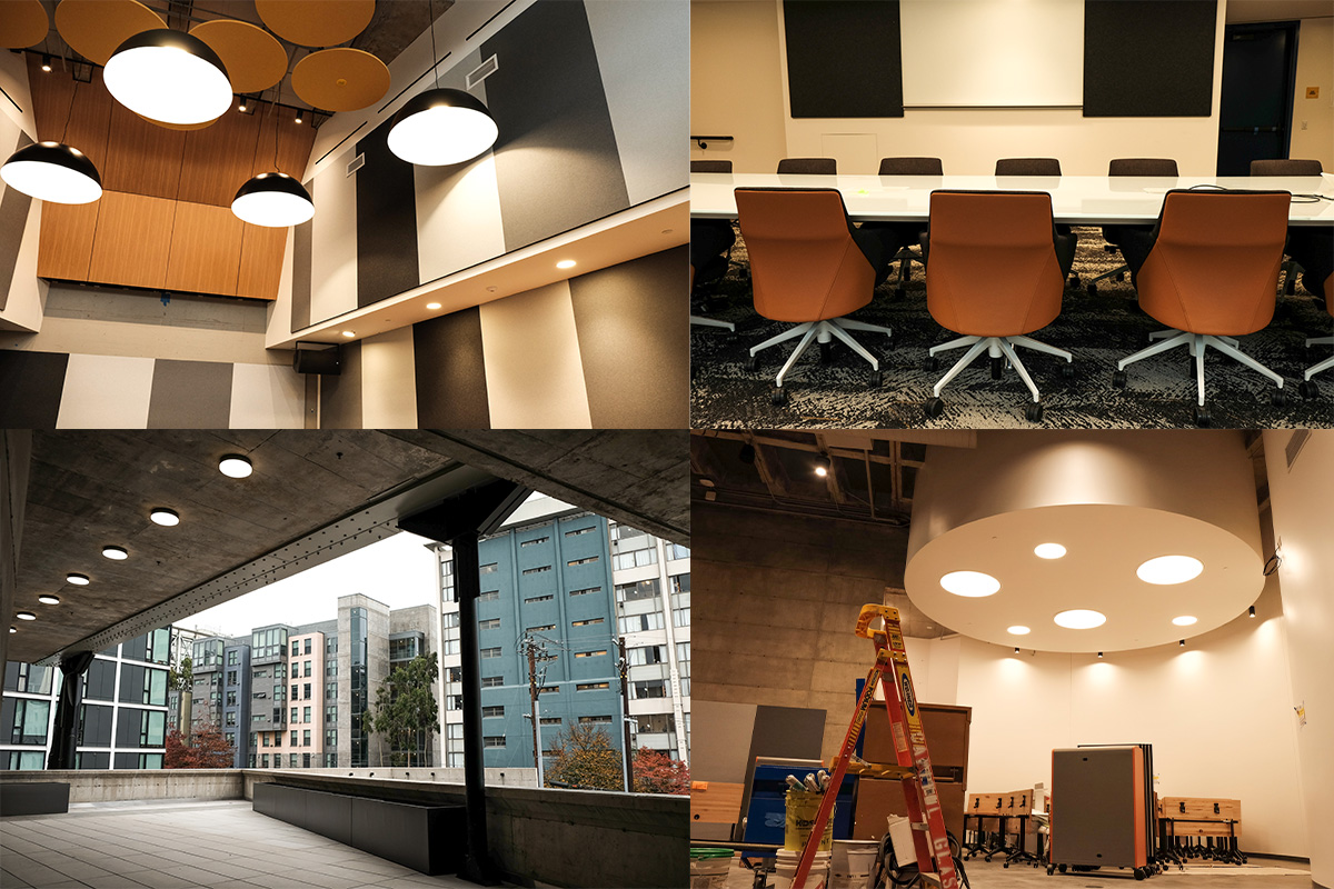 Four photos of shared community space at BBH: auditorium, conference room, outdoor terrace and studio space.
