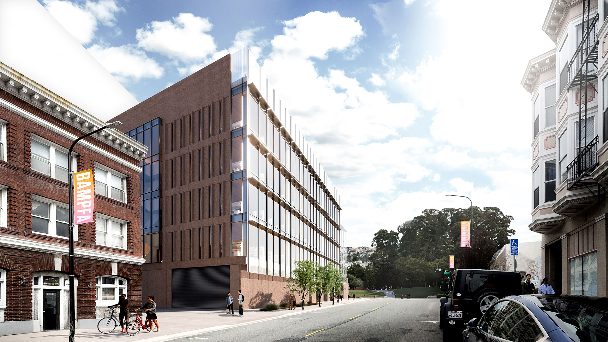 A rendering of a five-story building with a glass façade from Addison Street perspective. 