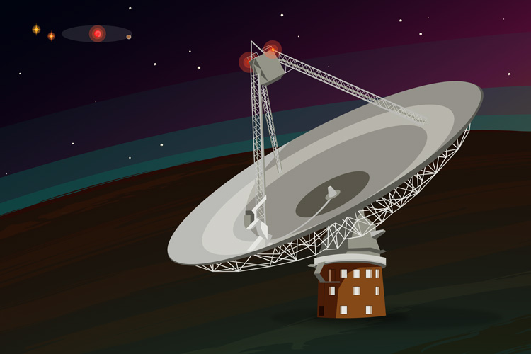 color drawing of radio telescope dish pointed at stars