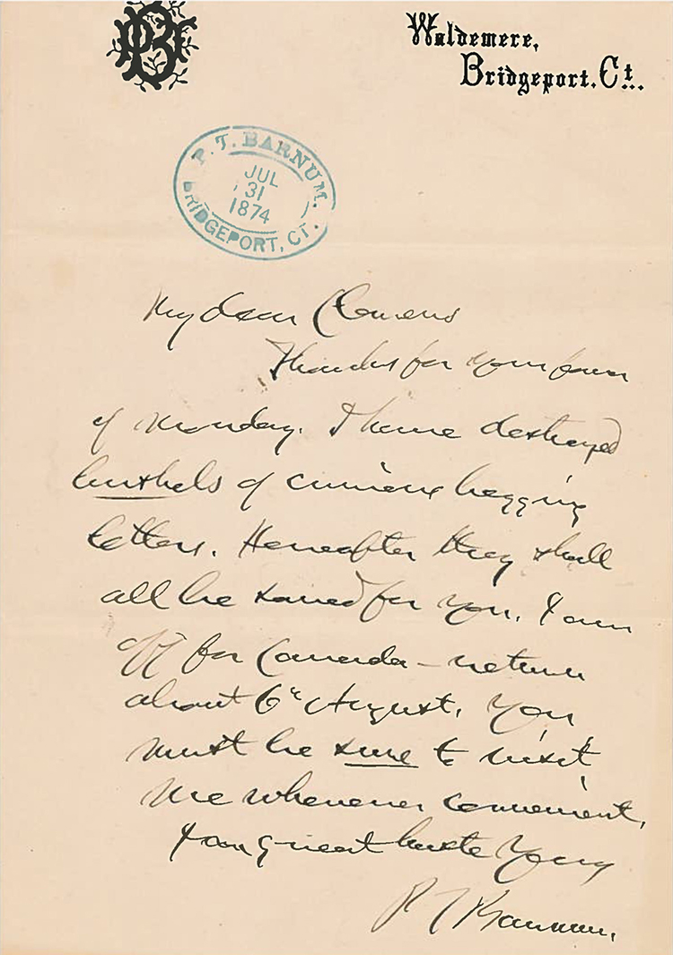 A letter written by P.T. Barnum to Mark Twain