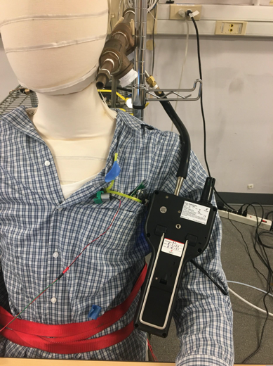 Berkeley lab mannequin hooked up to experiment machinery