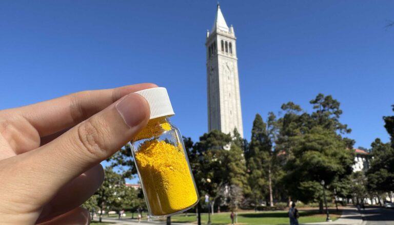 hand holding small glass container with yellow powder, with bell tower in background