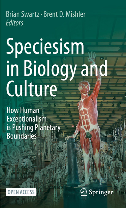 cover of book, showing a human without skin surrounded by skeletons of animals