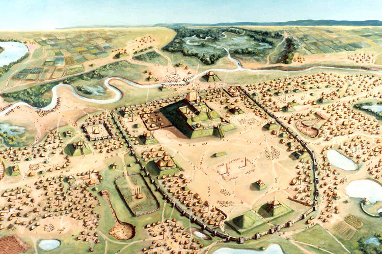 Painting of Cahokia by William R. Iseminger, courtesy of Cahokia Mounds Historic State Site.