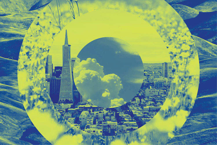 a graphic illustration in blue and yellow features seas, farms, cities and the sky in concentric circles