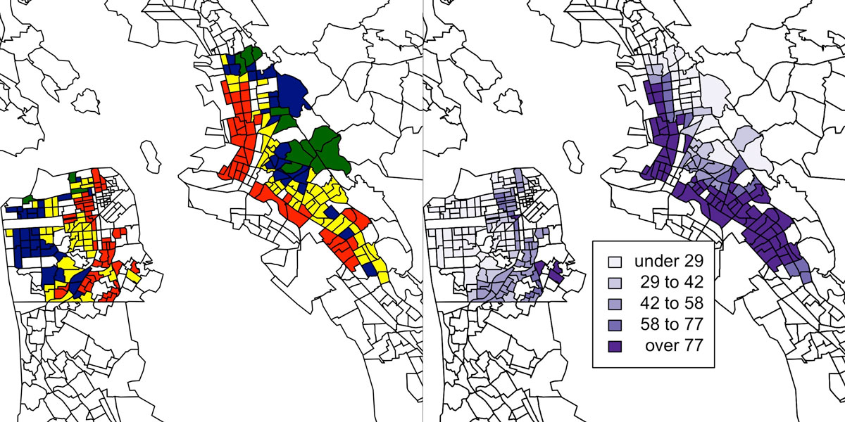 Two black and white maps of the Oakland and San Francisco bay area, with outlines of individual census tracts.