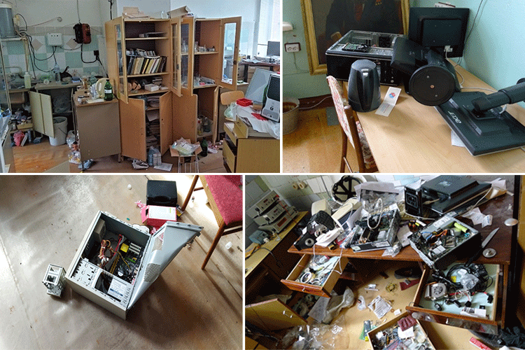 A collage of four photos shows offices that have been looted and ransacked