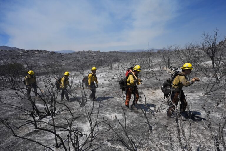 Five firefighters walk across an ashy and barren landscape