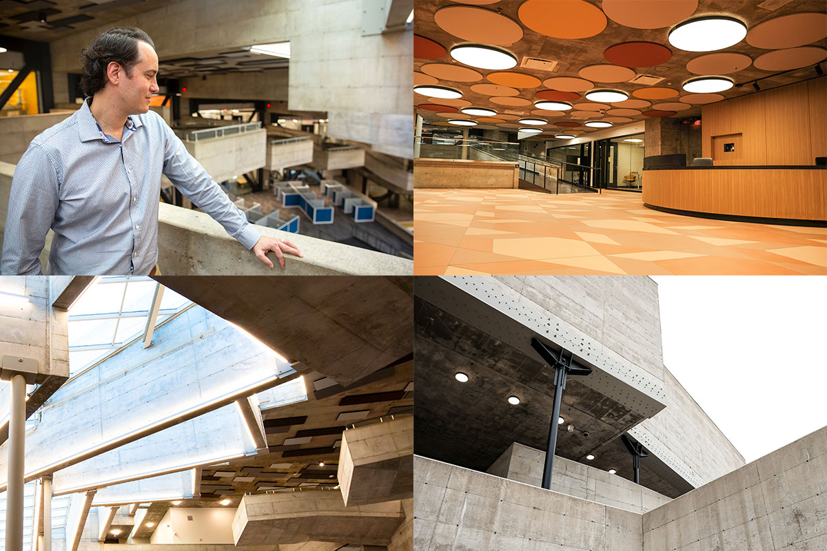 Photo collage of Kevin Koblik and three other images of the unique architectural beams and lights his team retrofitted to the Bakar BioEnginuity Hub.