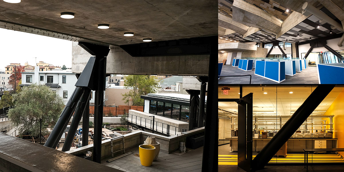 Three images of the black braces that were retrofitted throughout the building.