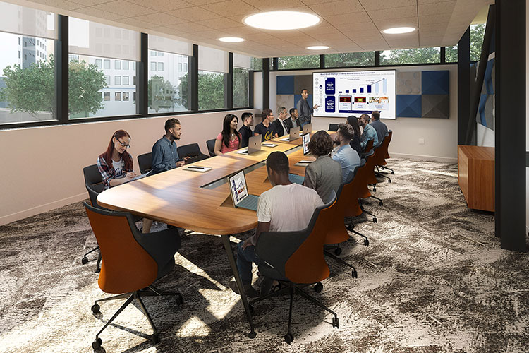 Rendering of people sitting in a conference room with a large presentation screen