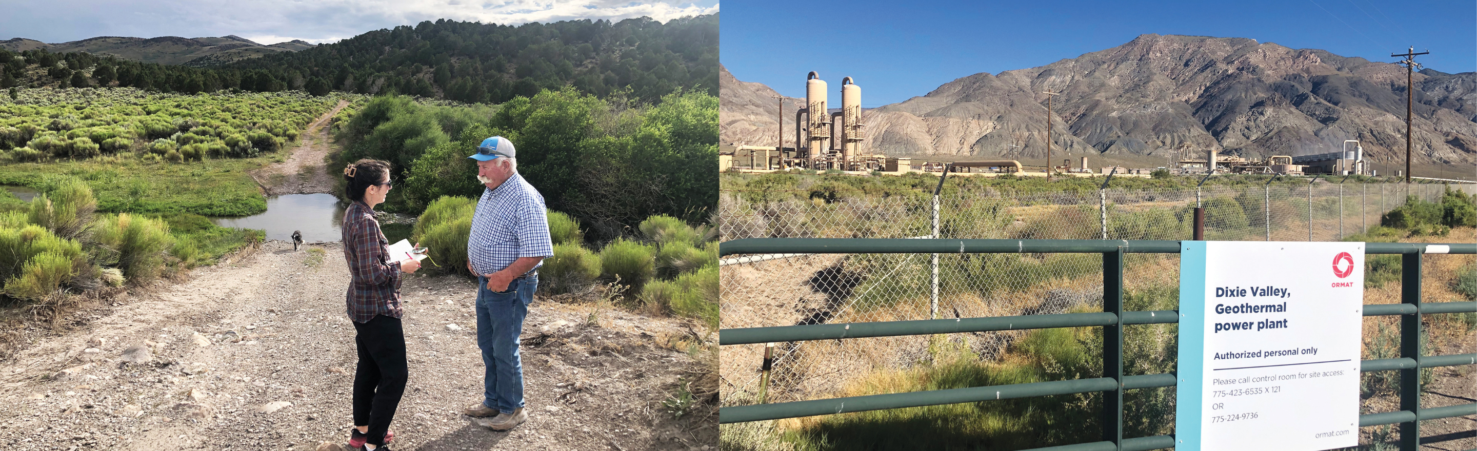 Sheep rancher Gracian Uhalde (right) shows Meg Mills-Novoa an access road on his Steptoe Valley property, which a pumped storage hydropower developer proposed using without consent. Construction of a geothermal plant in Dixie Valley has halted over concerns for the endangered Dixie Valley toad. Photos by Sophia Borgias.