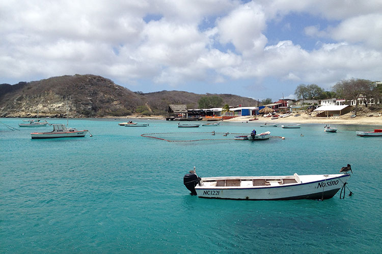 Fishing boats float in a turquoise blue ocean off the coast of a Caribbean island