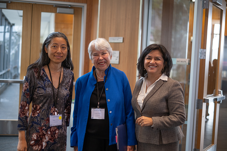 Left to right: Berkeley RDI Co-Director Dawn Song, Chancellor Carol Christ and Secretary of the California Business, Consumer Services and Housing Agency Lourdes Castro Ramírez. (UC Berkeley photo by Julian Meyn)
