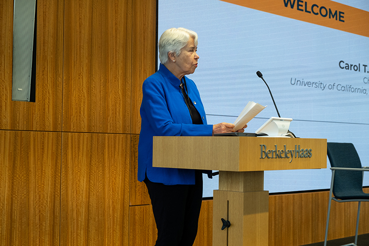 Chancellor Carol Christ spoke at the summit. (UC Berkeley photo by Julian Meyn)