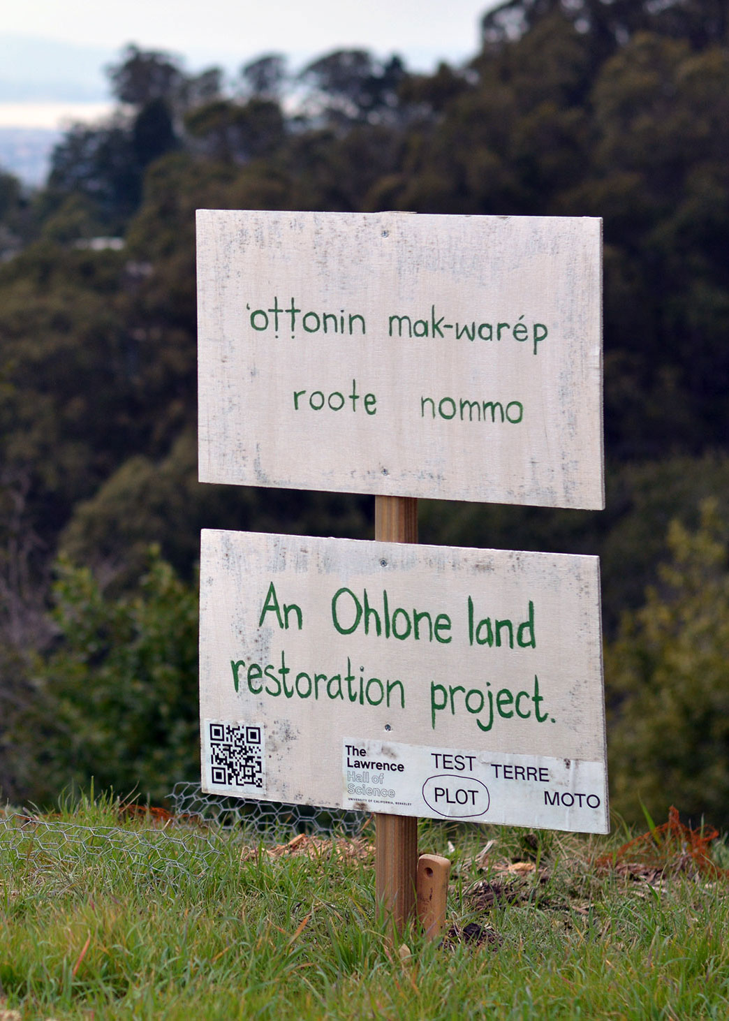 A wooden sign on a grassy hillside reads: ‘ottonin mak-warép roote nommo, An Ohlone land restoration project.