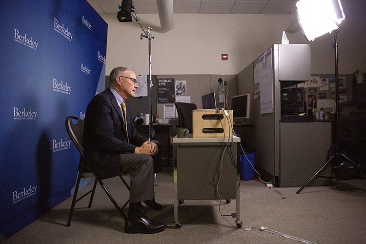 David Card sits in the broadcast studio at the Office of Communications and Public Affairs, taking part in a news conference about his Nobel Prize win.