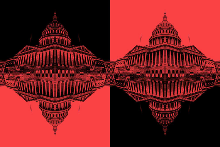 illustration featuring two views of the U.S. Capitol, mirror images in red and black
