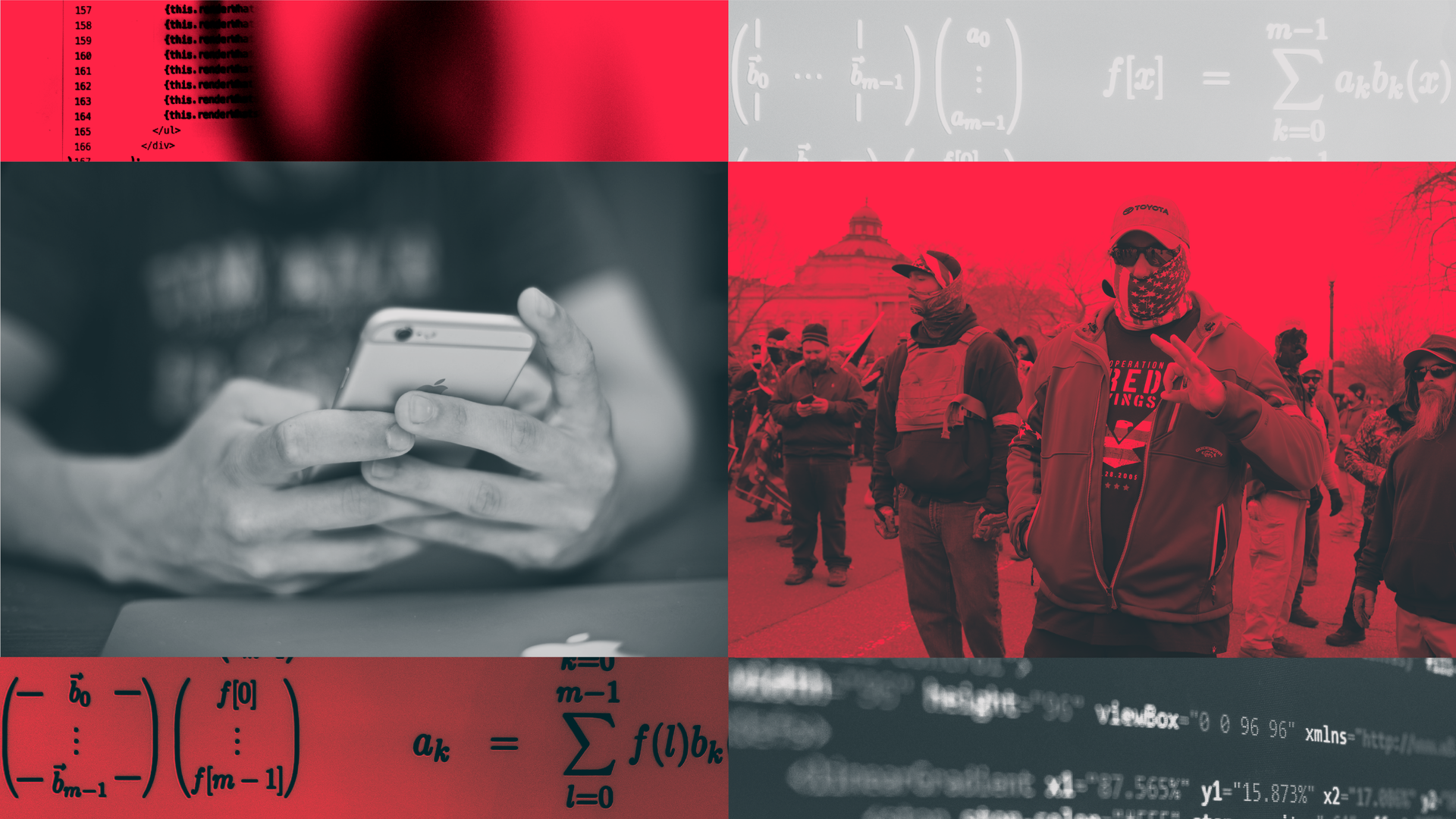 A photo illustration, with red and black images juxtaposed with black and white images, suggesting the connections between social media algorithms and right-wing radicalization