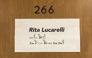 Lucarelli's name in hieroglyphics on her officer door.
