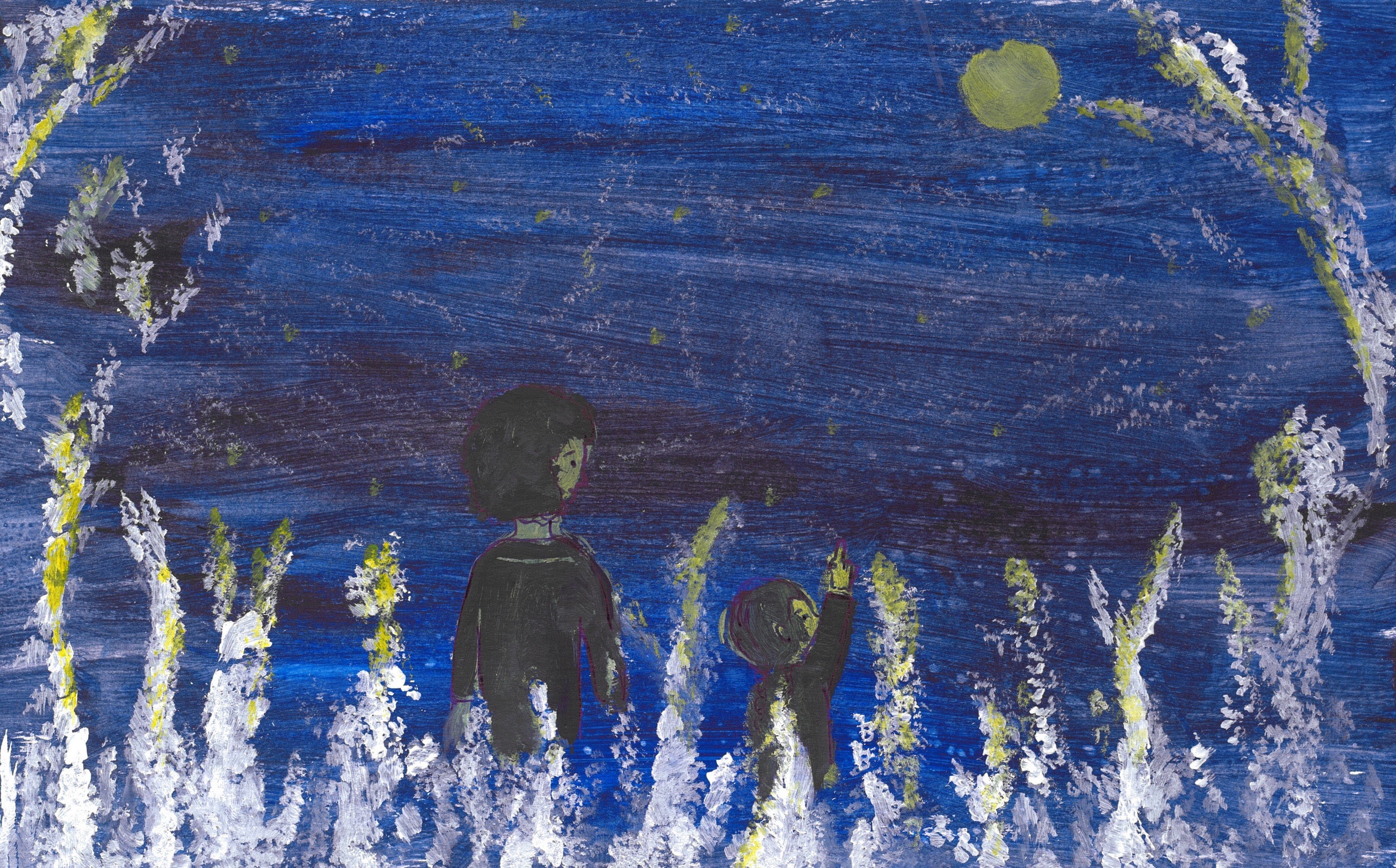 An illustration of a boy and his mother standing in a field looking up at a blue sky.