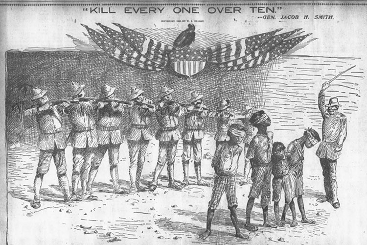 An old newspaper illustration shows American troops aiming guns at bound and blindfolded Filipinx civilians. The civilians appear to be teenagers or children.