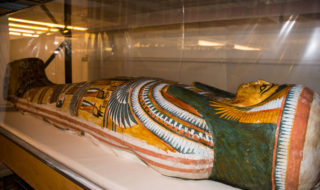 Colorful Egyptian mummy case in basement of Hearst Museum.
