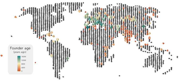 gray stylized map of world with colored dots