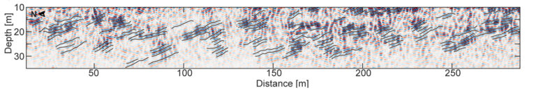 stippled map of subsurface with beach deposits outlined in blue