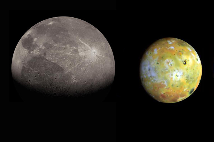 photos of gray moon Ganymede and yellow-orange Io against black background
