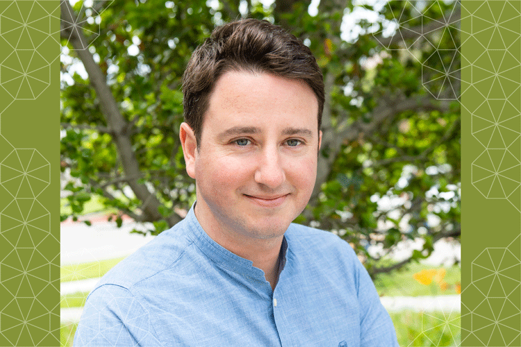 headshot of Berkeley economist Gabriel Zucman, wearing a light blue shirt, with a tree in the background and tessellation borders on left and right.