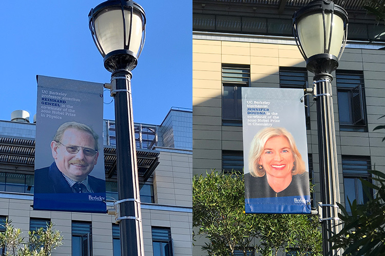 banners celebrating the Nobel Prize wins of Genzel and Doudna