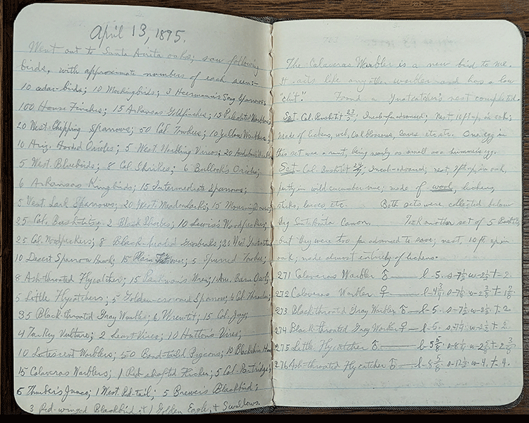 A photo of an old notebook that is laying open, with handwritten notes visible. The date on the top of the page is April 13, 1895