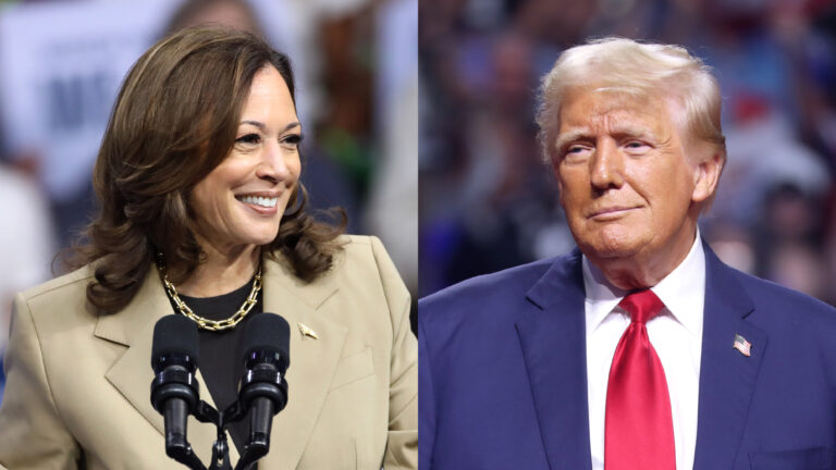 paired campaign-event images of Vice President Kamala Harris, the Democratic candidate for president, and former president Donald Trump, the Republican candidate