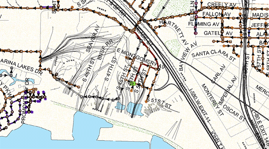 A map of the Richmond waterfront includes lines that indicate how the flow of groundwater moves contamination underground.