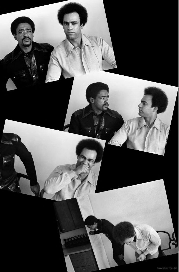 Three polaroid photos of Huey Newton and Bobby Seale smiling, laughing and trying to be serious.