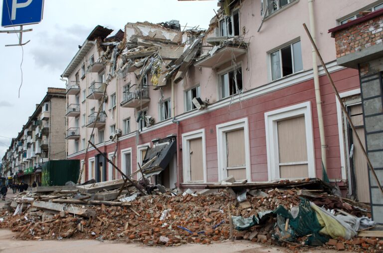 A partially destroyed residential building in Ukraine that was bombed during the early weeks of Russia's war