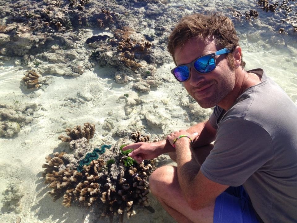 man in sunglasses pointing at coral in water