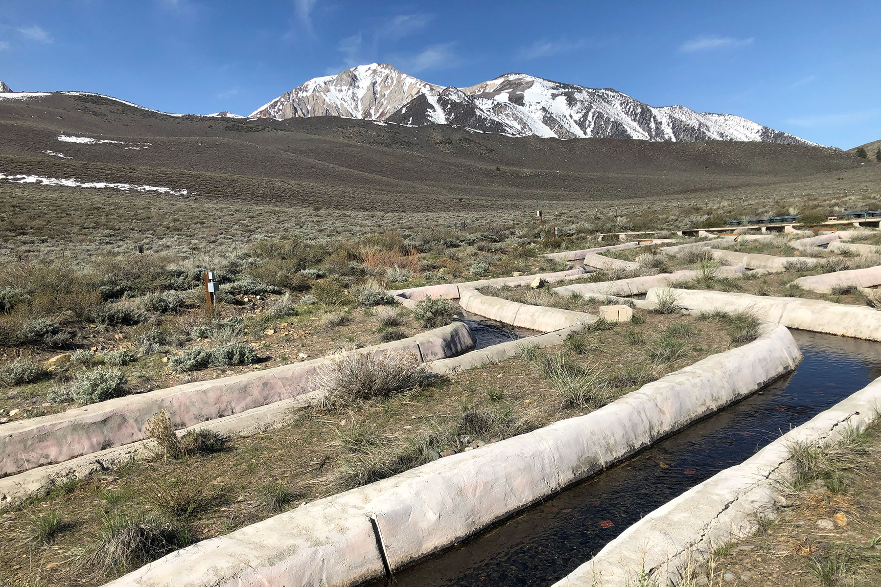 A series of three, one-meter wide concrete channels zig-zag across a dry, grassy mountainside of California’s Eastern Sierra Nevada. The snowy peak of a mountain is visible in the background. 