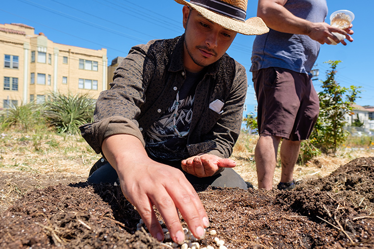 Two men work in the Indigenous Community Learning Garden. One is planting seeds.